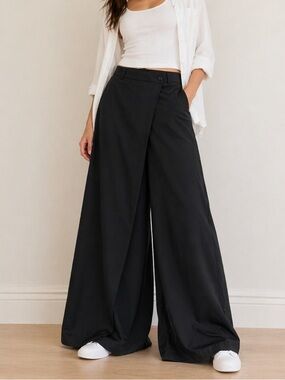 Womens Dark BlueWide LegCropped Pants High Rise Wrap FrontButton Career Trouser